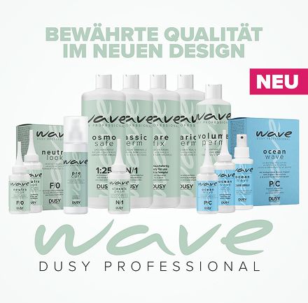 Haarpflegeprodukte der Serie Wave von Dusy Professional im neuen Verpackungsdesign